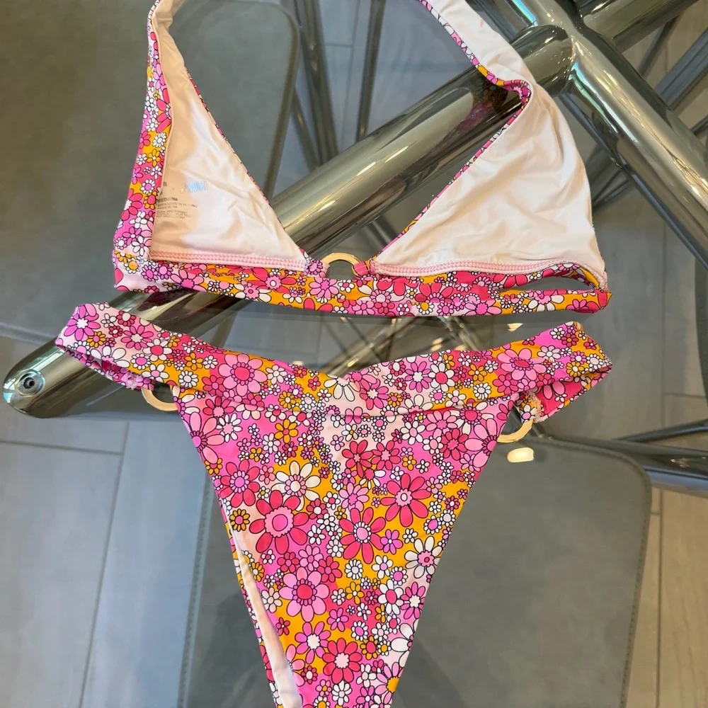 Frankie's Bikinis Pink Floral Halter Bikini with Gold Rings